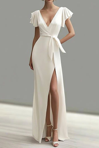 White V-Neck Satin Sheath Long Formal Dress with Slit