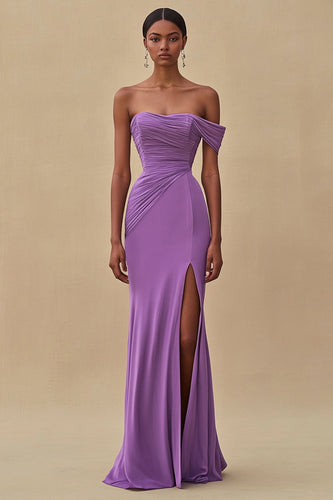 Purple Chiffon Off the Shoulder Ruched Long Formal Dress with Slit