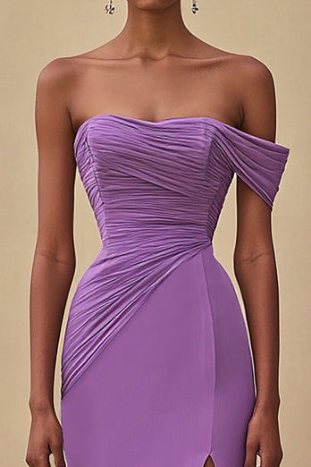 Purple Chiffon Off the Shoulder Ruched Long Formal Dress with Slit