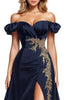 Load image into Gallery viewer, Sparkly Navy Puff Sleeves Satin Long Formal Dress with Slit