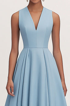 Blue A Line V-Neck Satin Long Formal Dress