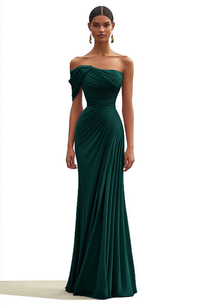 Dark Green Chiffon Off the Shoulder Long Formal Dress with Full Pleated