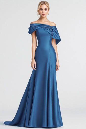 Blue Satin Off the Shoulder Long Formal Dress