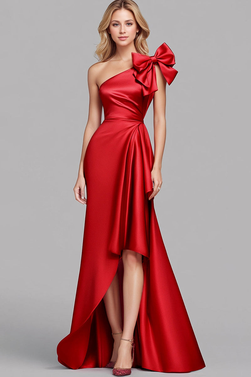 Load image into Gallery viewer, Red Asymmetrical One Shoulder Long Formal Dress with Bowknot