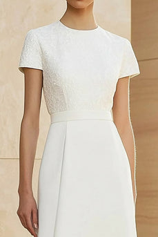 White Round Neck Satin Midi Formal Dress with Short Sleeves