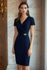 Load image into Gallery viewer, Navy V-Neck Bodycon Short Sleeves Formal Dress