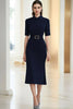 Load image into Gallery viewer, Navy Collar Neck Sheath Tea Length Formal Dress