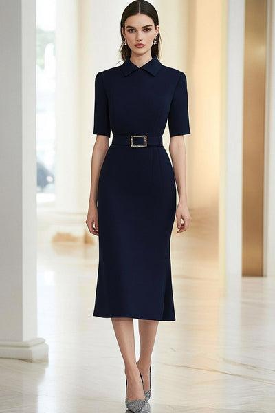 Navy Collar Neck Sheath Tea Length Formal Dress