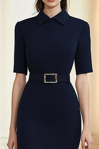 Navy Collar Neck Sheath Tea Length Formal Dress