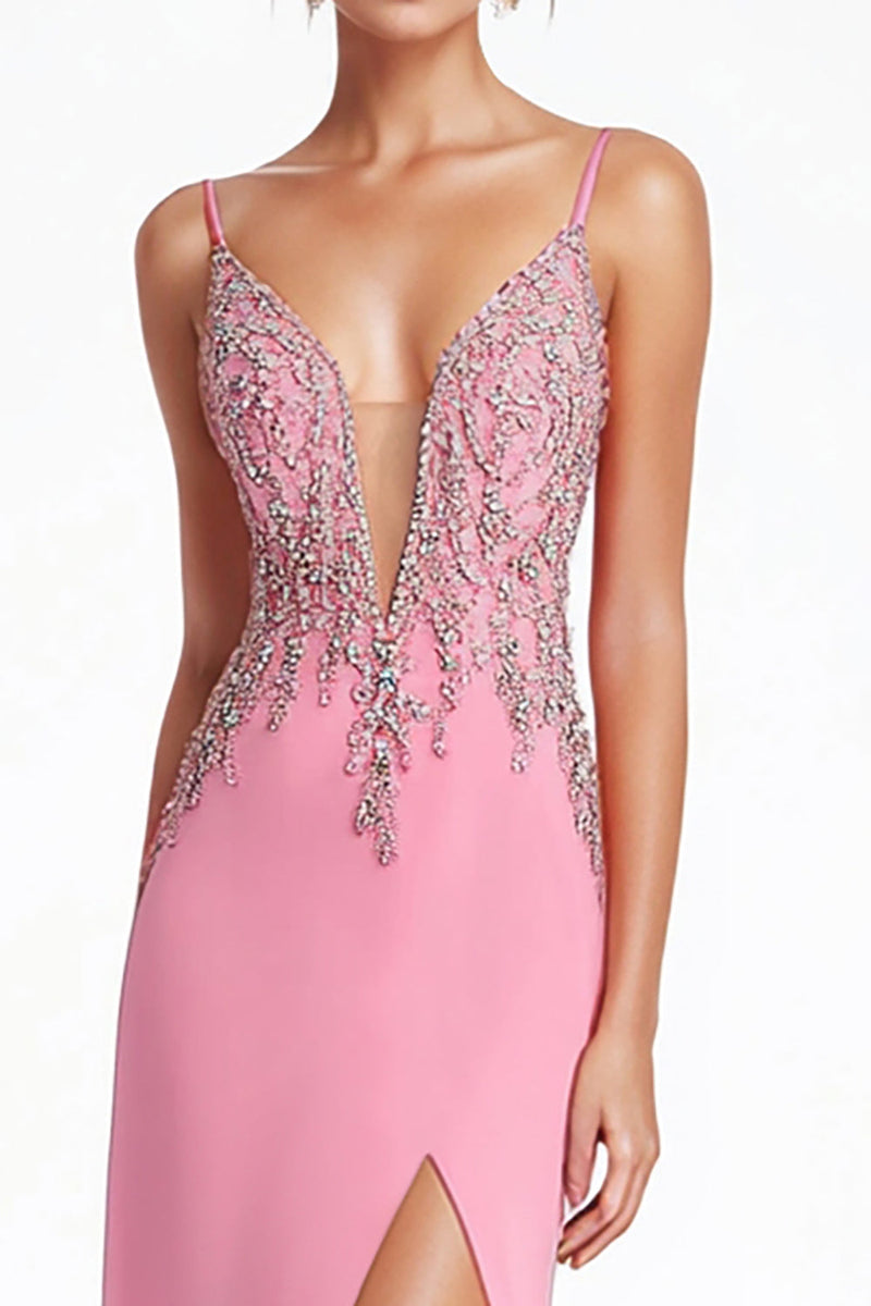 Load image into Gallery viewer, Sparkly Pink Spaghetti Straps Corset Long Formal Dress with Slit