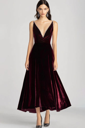 Burgundy Velvet V-Neck A Line Long Formal Dress