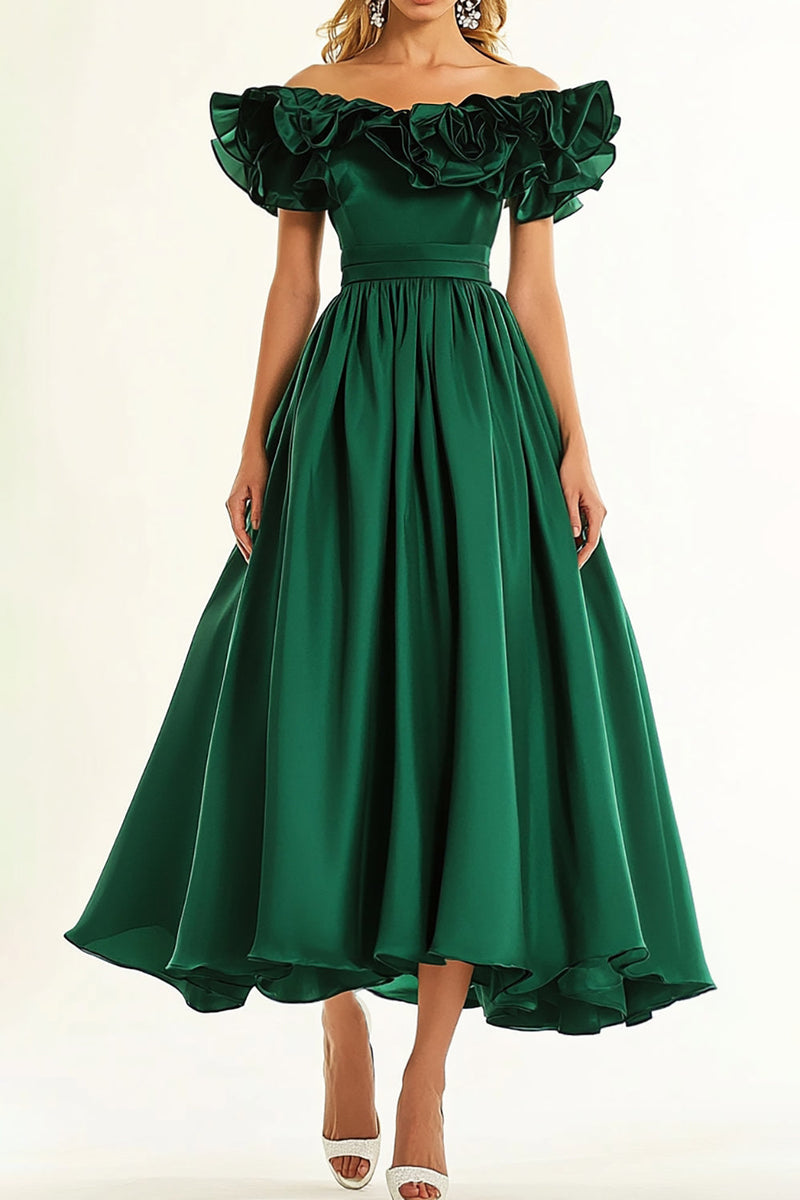 Load image into Gallery viewer, Dark Green A Line Off the Shoulder Long Formal Dress with Ruffles