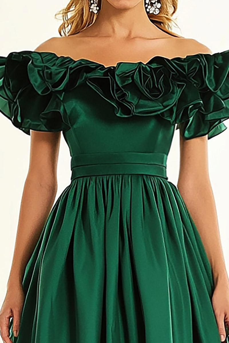 Load image into Gallery viewer, Dark Green A Line Off the Shoulder Long Formal Dress with Ruffles