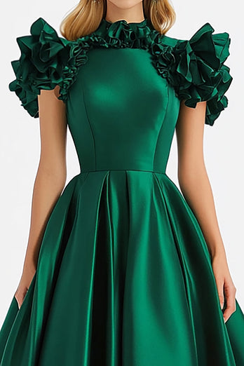 Dark Green Collar Neck A Line Ruffed Long Formal Dress