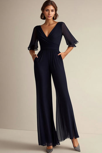 Navy V-Neck Chiffon 1/2 Sleeves Long Prom Jumpsuit