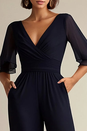 Navy V-Neck Chiffon 1/2 Sleeves Long Prom Jumpsuit