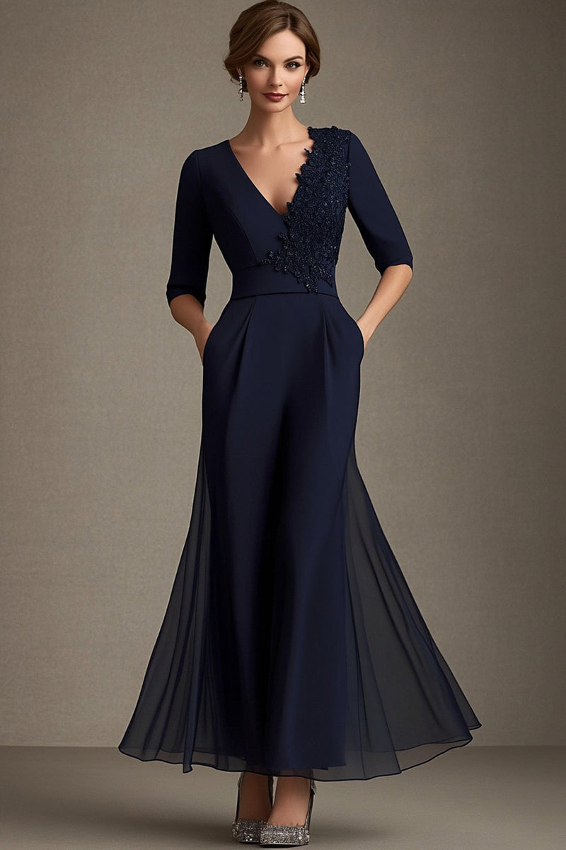 Load image into Gallery viewer, Floral Navy Chiffon V-Neck Mother of the Bride Dress