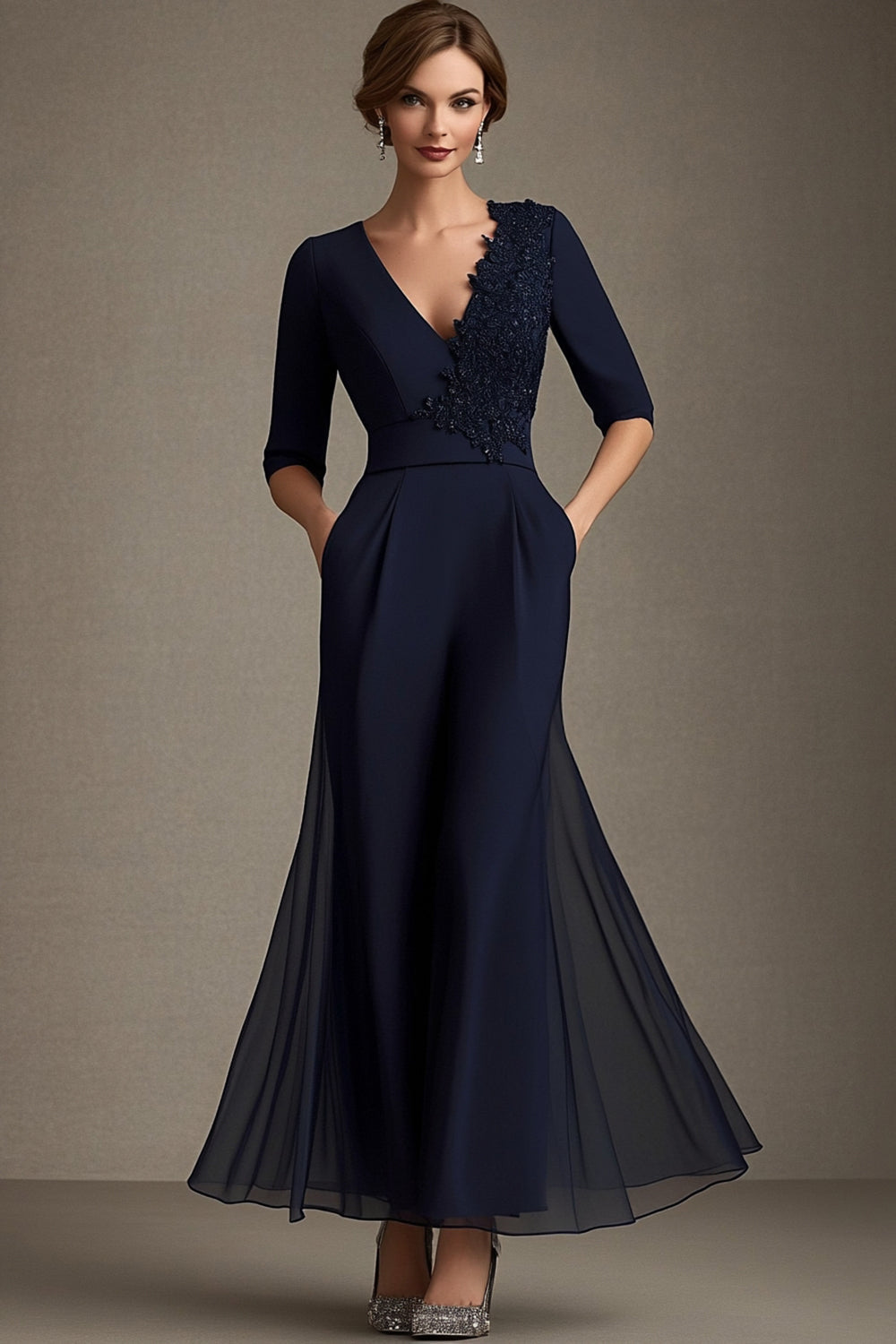 Floral Navy Chiffon V-Neck Mother of the Bride Dress