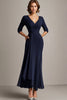 Load image into Gallery viewer, Chiffon Navy V-Neck 1/2 Sleeves Long Mother of the Bride Dress