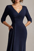 Load image into Gallery viewer, Chiffon Navy V-Neck 1/2 Sleeves Long Mother of the Bride Dress