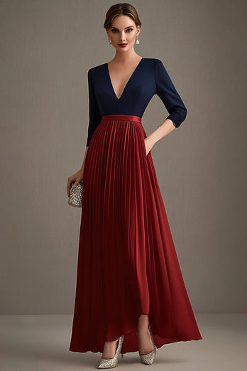 Navy Red V-Neck Pleated 3/4 Sleeves Mother of the Bride Dress