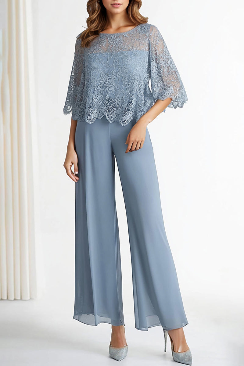 Load image into Gallery viewer, Elegant Grey Blue Boat Neck Prom Jumpsuit with Lace