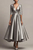 Load image into Gallery viewer, Grey Asymmetrical Satin V-Neck Mother of the Bride Dress