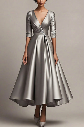 Grey Asymmetrical Satin V-Neck Mother of the Bride Dress