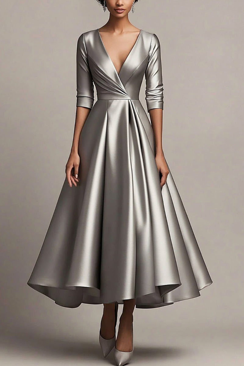 Load image into Gallery viewer, Grey Asymmetrical Satin V-Neck Mother of the Bride Dress