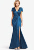 Load image into Gallery viewer, Blue Satin V-Neck Ruched Mother of the Bride Dress with Slit