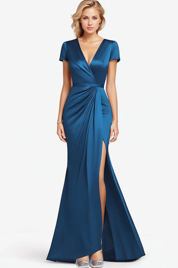 Blue Satin V-Neck Ruched Mother of the Bride Dress with Slit