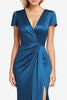 Load image into Gallery viewer, Blue Satin V-Neck Ruched Mother of the Bride Dress with Slit