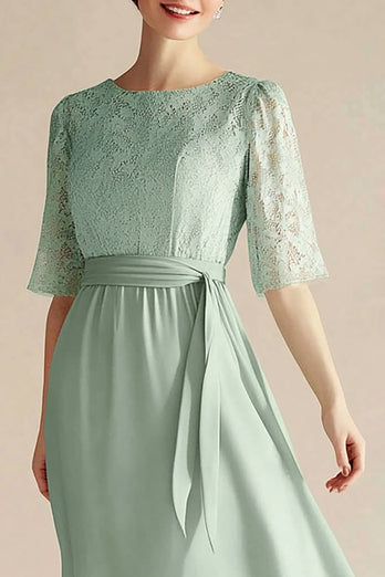 Light Green Lace Tea Length Boat Neck Mother of the Bride Dress