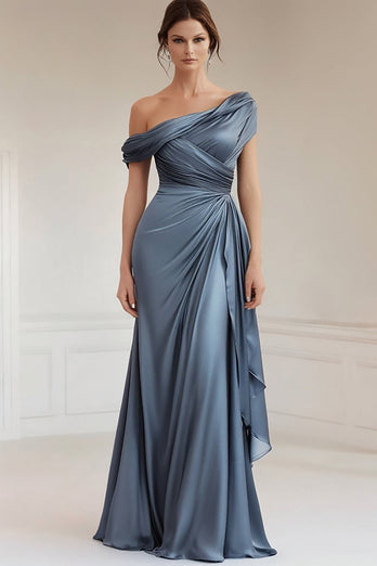 Grey Blue Asymmetrical Satin Ruched Mother of the Bride Dress