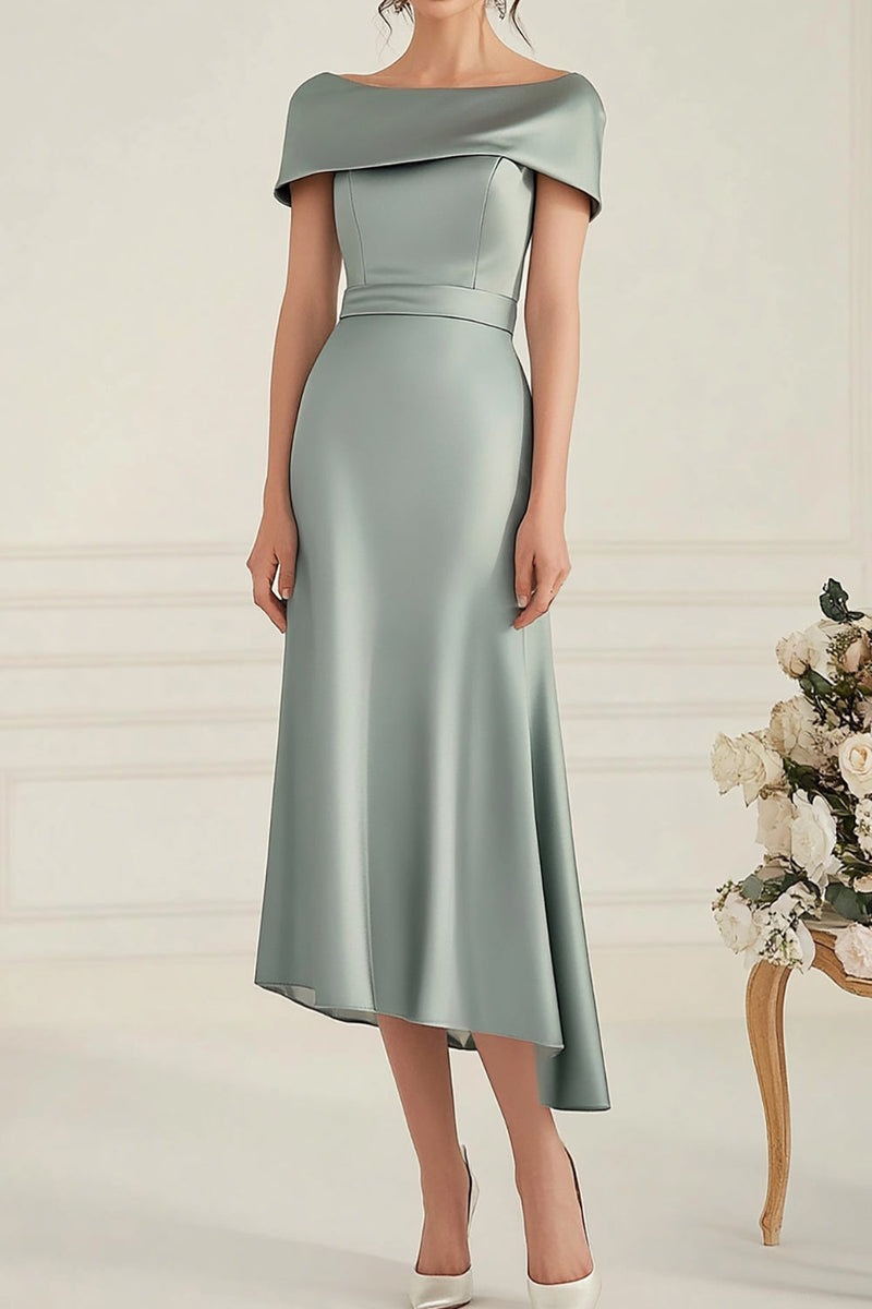 Load image into Gallery viewer, Grey Boat Neck Satin Asymmetical Mother of the Bride Dress