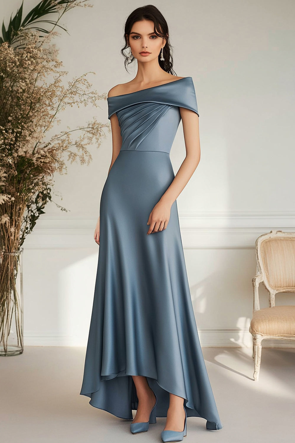 Grey Blue Boat Neck Satin Asymmetical Mother of the Bride Dress