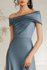 Load image into Gallery viewer, Grey Blue Boat Neck Satin Asymmetical Mother of the Bride Dress