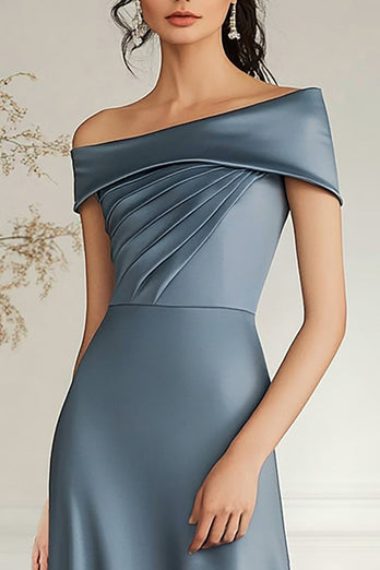 Grey Blue Boat Neck Satin Asymmetical Mother of the Bride Dress