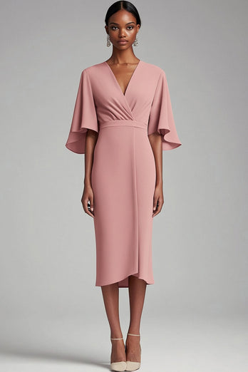 Pink Chiffon V-Neck Tea Length Mother of the Bride Dress