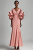 Load image into Gallery viewer, Pink Satin V-Neck Mother of the Bride Dress with Ruffled Sleeves