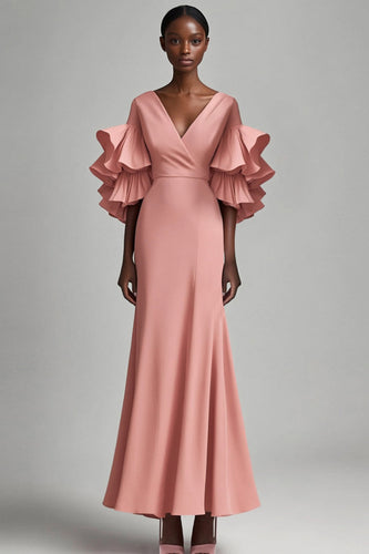 Pink Satin V-Neck Mother of the Bride Dress with Ruffled Sleeves