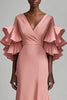 Load image into Gallery viewer, Pink Satin V-Neck Mother of the Bride Dress with Ruffled Sleeves