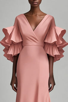 Pink Satin V-Neck Mother of the Bride Dress with Ruffled Sleeves