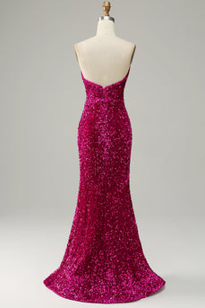 Fuchsia Strapless Sequin Prom Dress with Slit