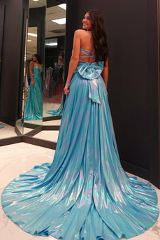 Blue Metallic A Line Corset Pleated Long Prom Dress with Slit