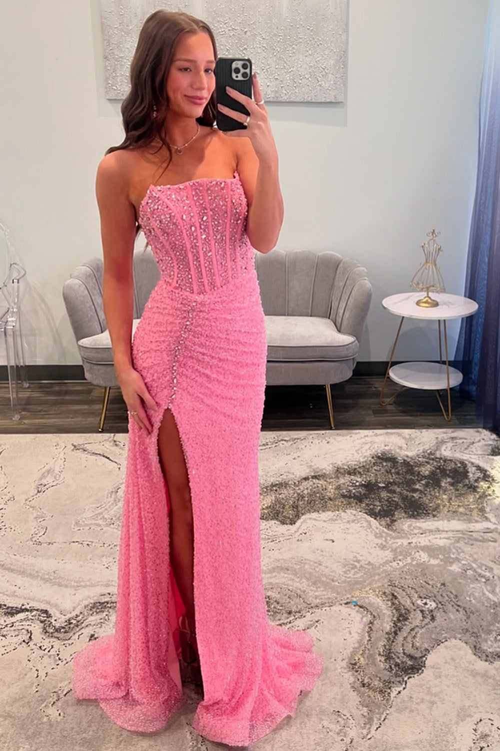 Sparkly Pink Sequin Corset Beaded Mermaid Long Prom Dress with Slit