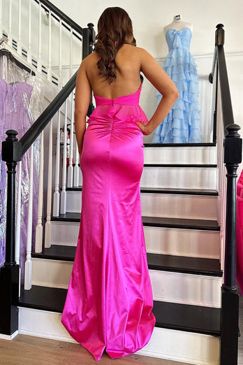 Fuchsia Satin Halter Mermaid Long Prom Dress with Flowers