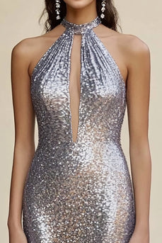 Sparkly Silver Mermaid Halter Prom Dress