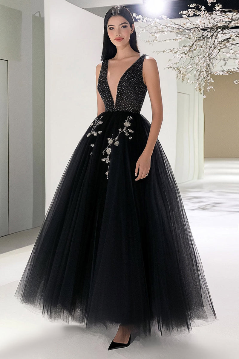 Load image into Gallery viewer, Queendancer Women Sparkly Black Tulle Formal Dress Ball Gown Beaded V-Neck Long Gala Ball Dress