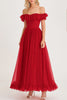 Load image into Gallery viewer, Queendancer Women Red Chiffon A Line Formal Dress Off the Shoulder Ruffled Pleated Long Gala Ball Dress